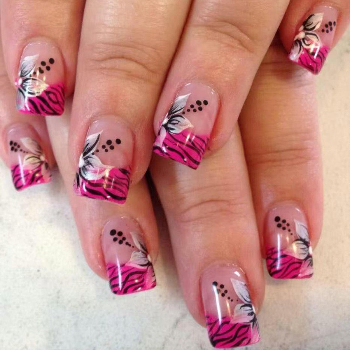 Tropical Paradise Short Square Pink Press on Nail Set with Exotic Floral Design