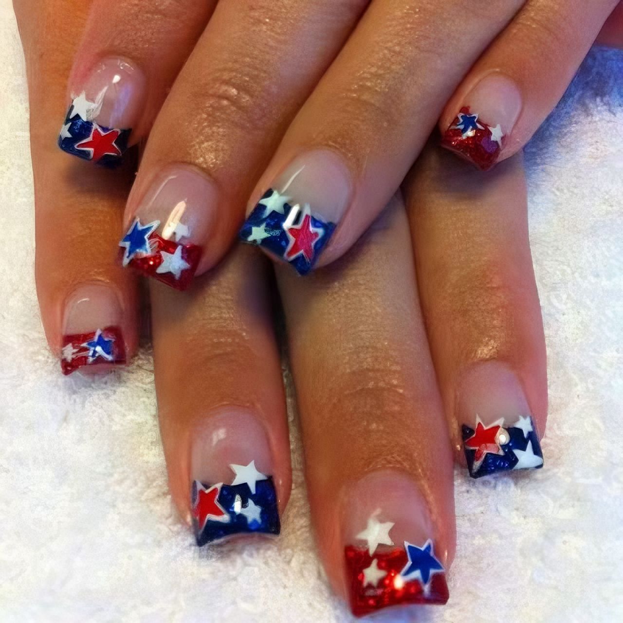 Patriotic Glamour Short Square Red White and Blue Press On Nail Set with Star Accents