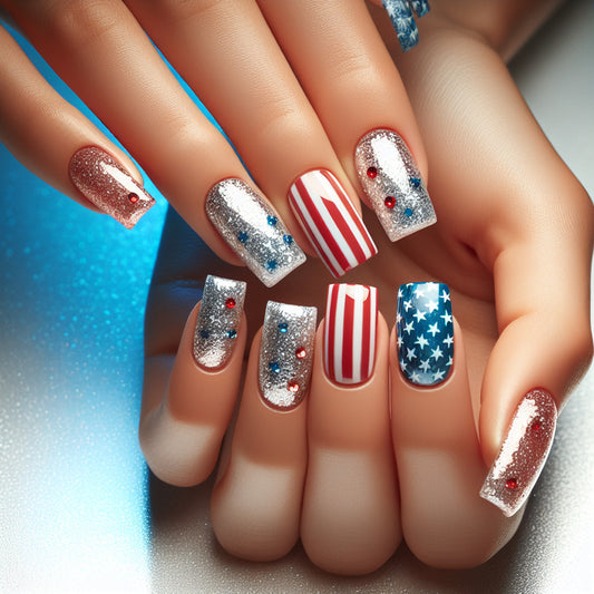 Patriotic Elegance Long Square Red White and Blue Glittering Stars and Stripes Press-On Nail Set