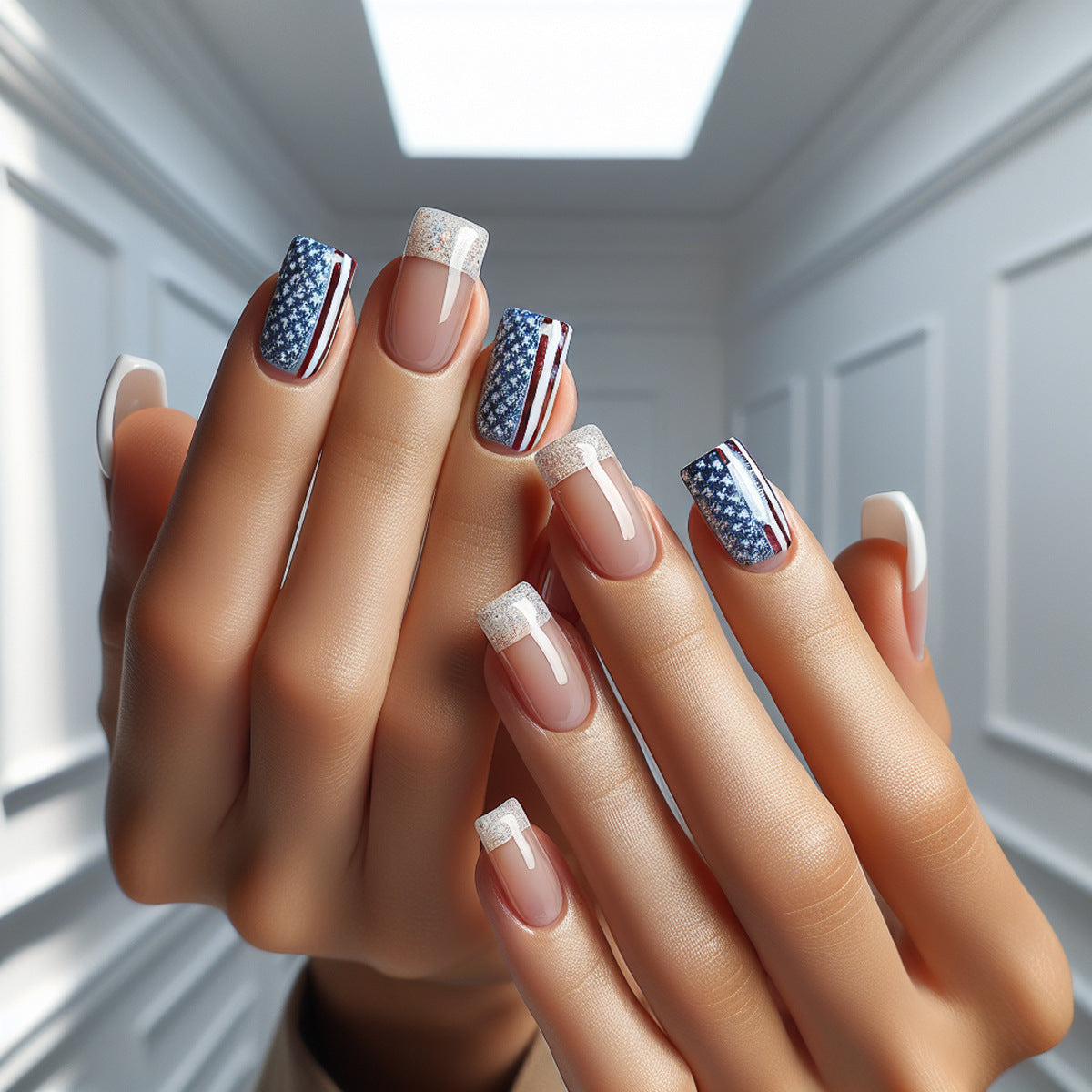 Patriotic Elegance Medium Square Blue and White Glitter Gradient Press-On Nail Set