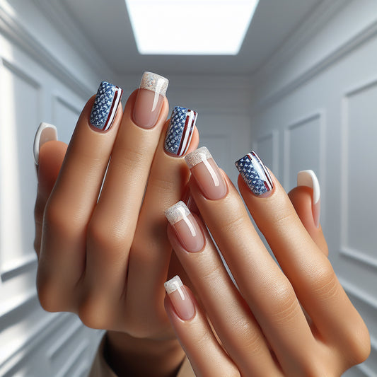 Patriotic Elegance Medium Square Blue and White Glitter Gradient Press-On Nail Set