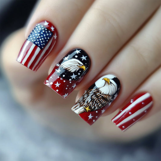 Patriotic Spirit Medium Square Red and Blue Nail Set Featuring Stunning Eagle Designs
