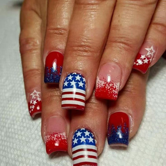 Patriotic Glamour Medium Square Red Blue and White Sparkling Star Design Press On Nail Set