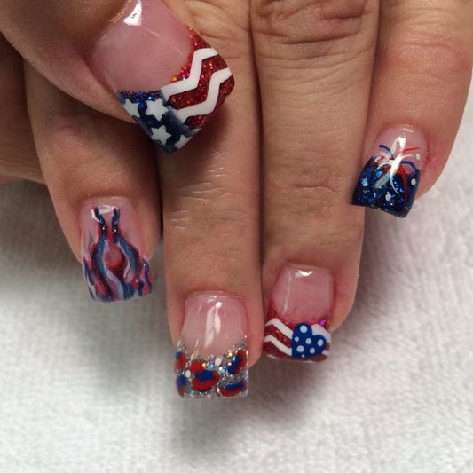 Patriotic Glamour Short Square Red White and Blue Press On Nail Set with Sparkling Accents