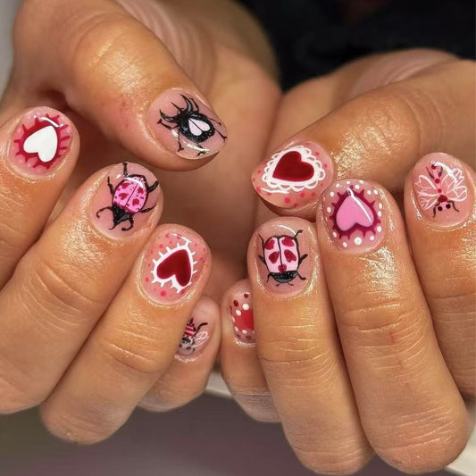 Lovebug Charm Short Round Pink Press-On Nail Set with Heart and Ladybug Designs