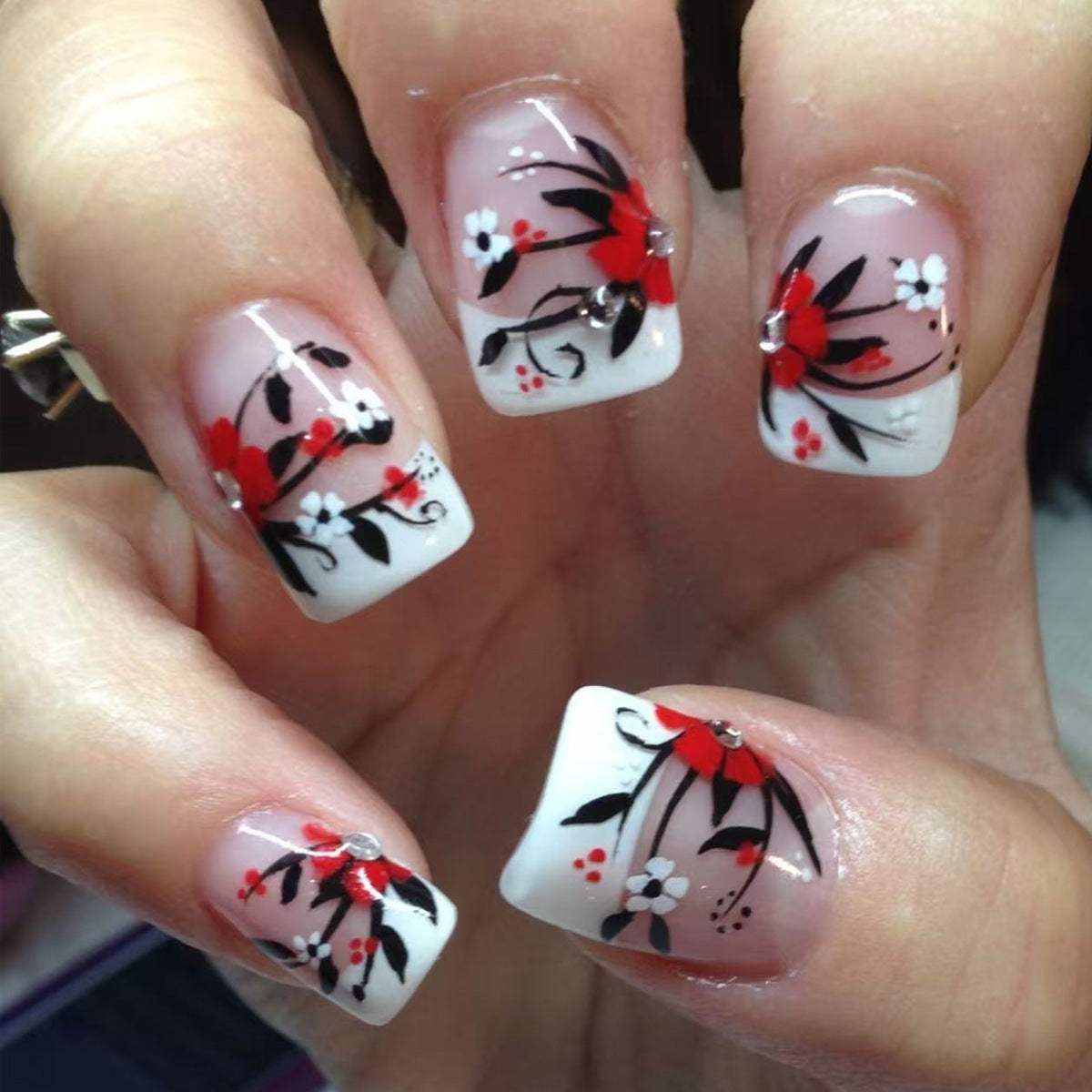 Blossoming Cherry Press-On Nail Set Short Square Shaped White with Floral Design and Gem Accents
