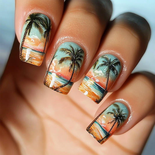 Tropical Sunset Medium Square Press On Nail Set in Beachy Blue with Stunning Palm Tree Artwork