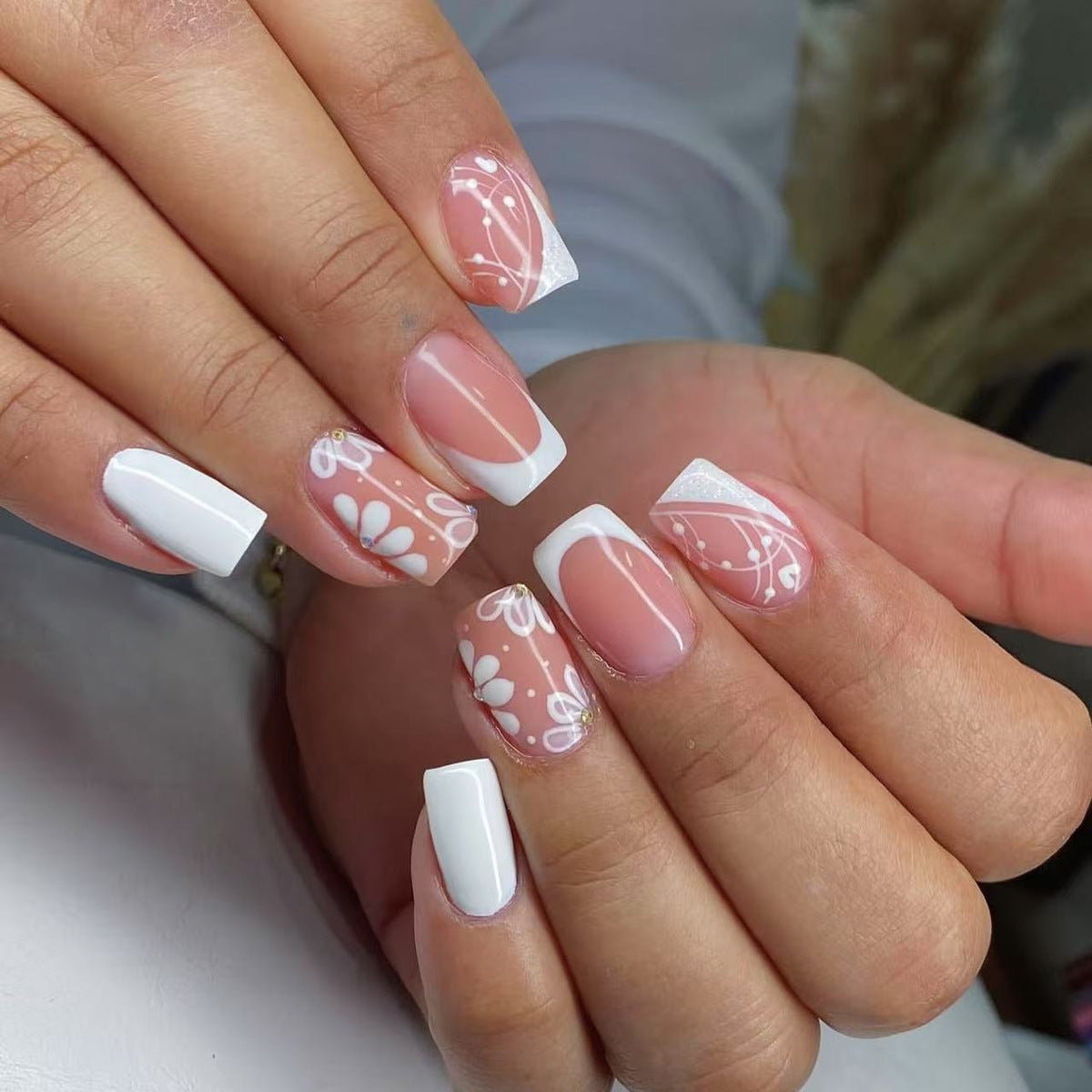 Vintage Floral Elegance Short Square Pink and White Nail Set with Intricate Hand-Painted Designs