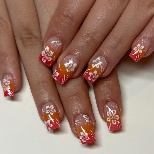 Tropical Paradise Short Square Press On Nail Set in Ombre Orange and Red with Floral Artwork