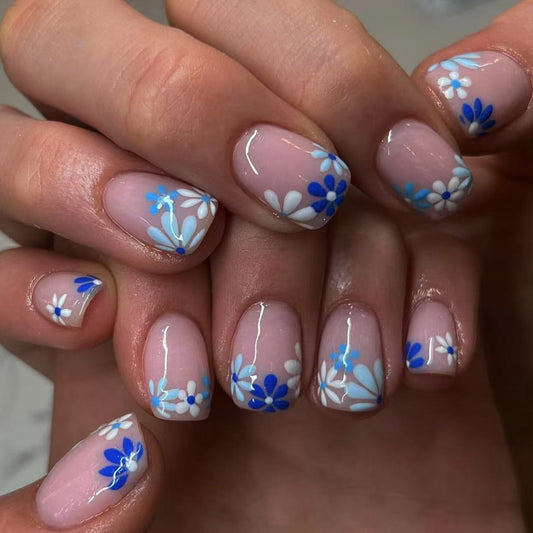 Charming Floral Delight Short Square Pink with Blue and White Daisy Accents Press On Nail Set