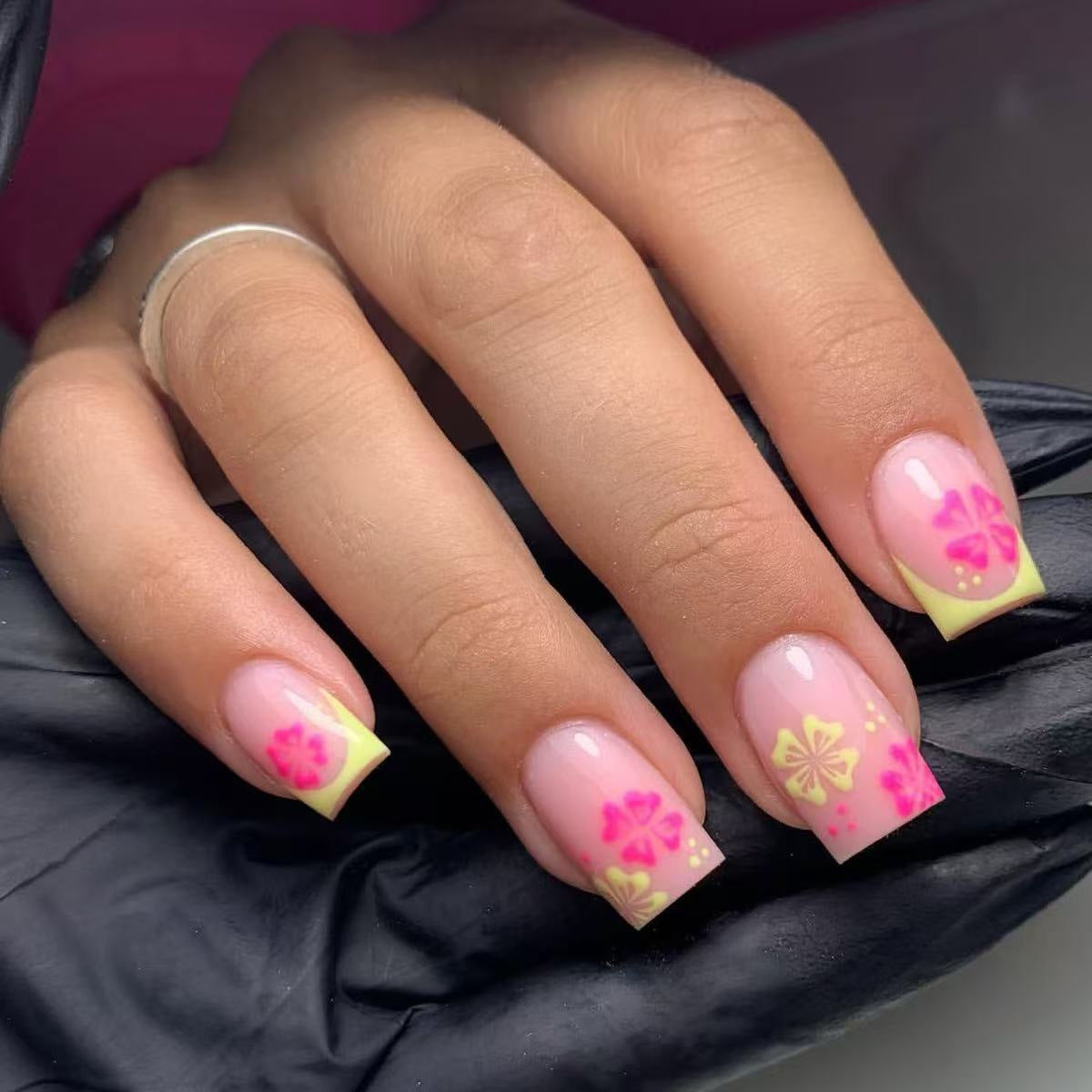 Tropical Blossom Short Square Pink and Yellow Floral Press-On Nail Set