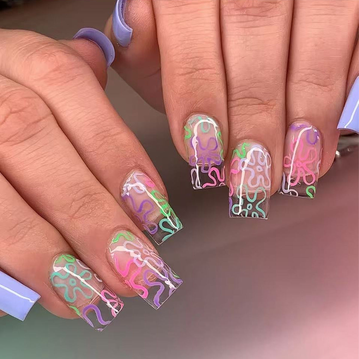 Vibrant Glow Medium Square Pastel with Abstract Design Press On Nail Set