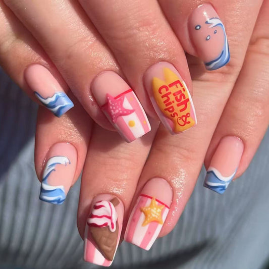 Beach Day Dream Medium Square Pastel with Fun Seafood and Dessert Designs Press On Nail Set
