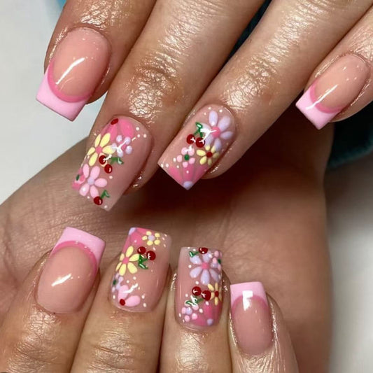 Floral Delight Short Square Pink Acrylic Press on Nails with Charming Hand-Painted Designs