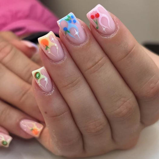 Floral Fantasy Short Square Press On Nail Set in Pastel Pink with Vibrant Hand-Painted Designs