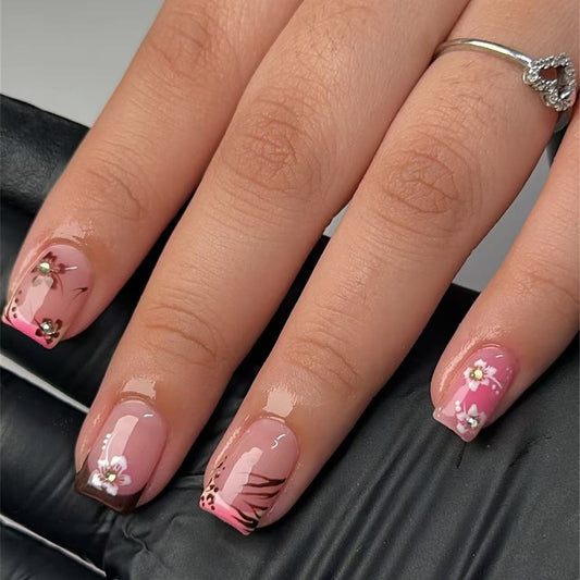 Charming Blossom Inspired Press On Nail Set Elegant Short Square Pink with Floral Accents and Rhinestone Details