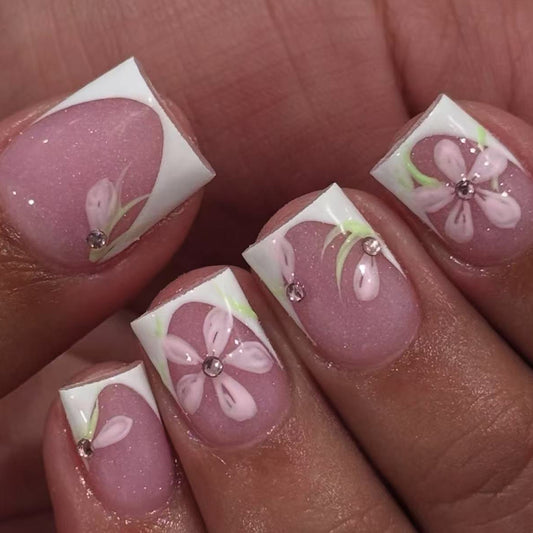 Blossom Delight Short Square Press On Nails in Pink with Floral Accents and Sparkling Gems