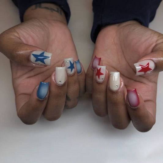 Starry Sky Inspired Medium Square Blue and Red Press On Nail Set with Gemstone Accents