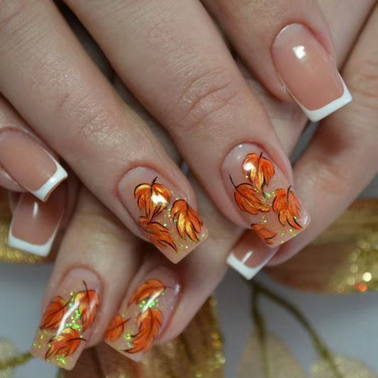 Autumn Elegance Long Square Orange Leaf Design Press On Nail Set