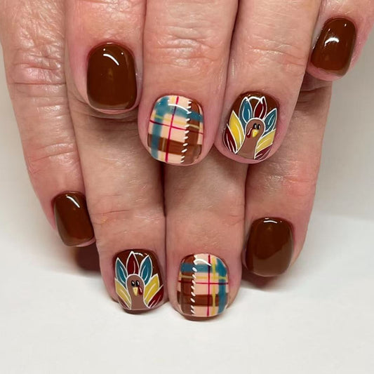 Autumn Harvest Short Square Brown Plaid and Turkey Themed Press On Nail Set