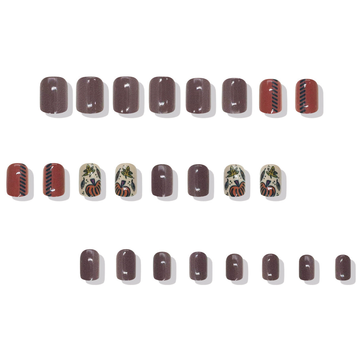 Autumn Elegance Short Square Brown with Pumpkin and Leaf Accents Press on Nail Set