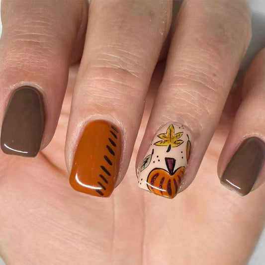 Autumn Essence Medium Square Brown and Terracotta with Festive Leaf Design Press-On Nail Set
