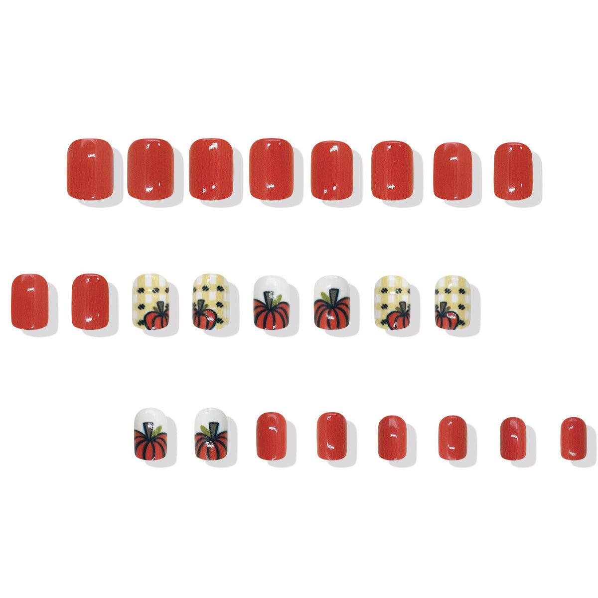 Autumn Vibes Glossy Red Medium Square Nail Set with Pumpkin and Checkered Design