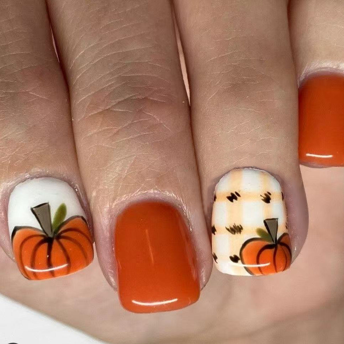 Autumn Harvest Medium Square Orange with Adorable Pumpkin Designs Press On Nail Set