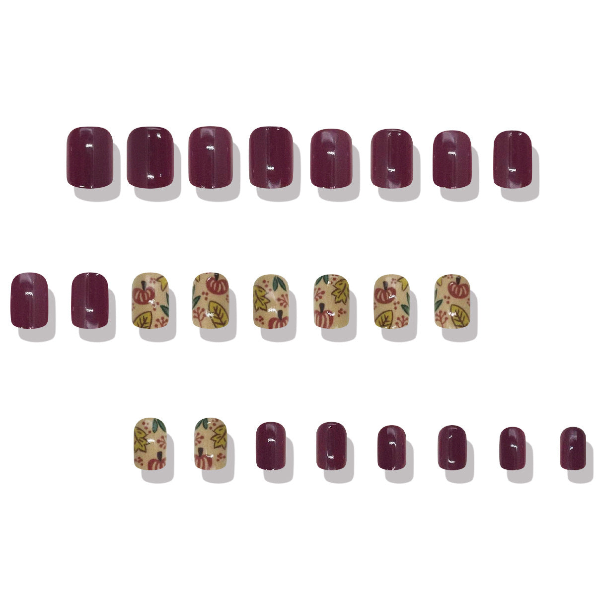 Autumn Elegance Burgundy Medium Square Shaped Press On Nail Set with Festive Leaf and Pumpkin Designs