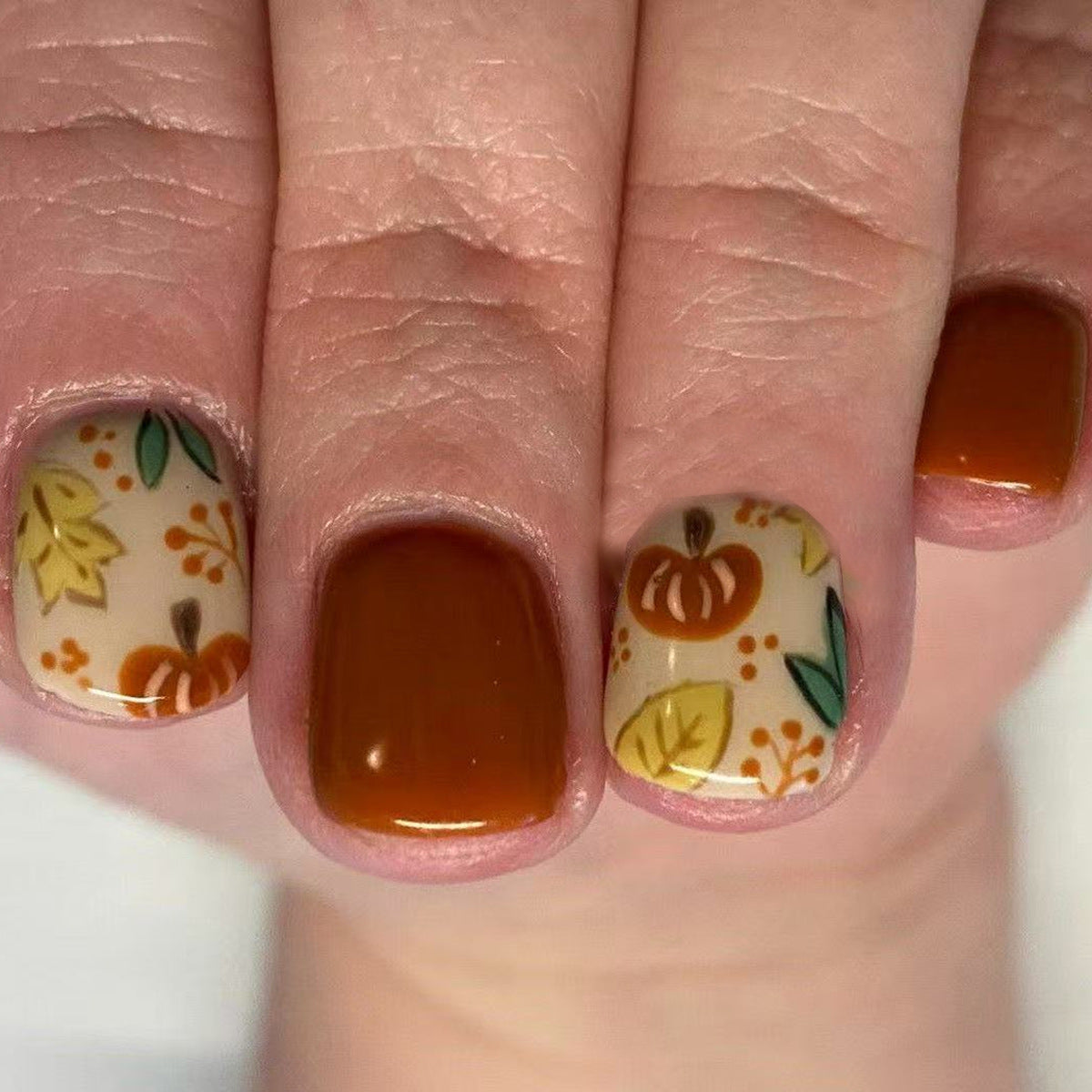 Autumn Whimsy Short Square Orange and Cream with Pumpkin Leaf Design Press on Nail Set
