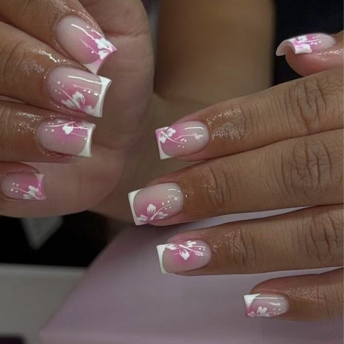 Blossoming Elegance Medium Square Pink Ombre Press On Nail Set with Floral Design