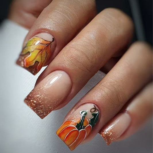 Harvest Glow Medium Square Beige Press On Nails with Autumn Leaf and Pumpkin Art