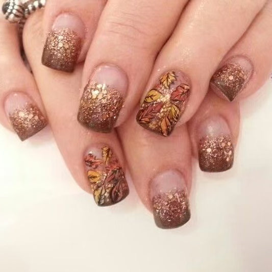Autumn Elegance Medium Square Brown with Glitter Gradient and Leaf Design Press On Nail Set