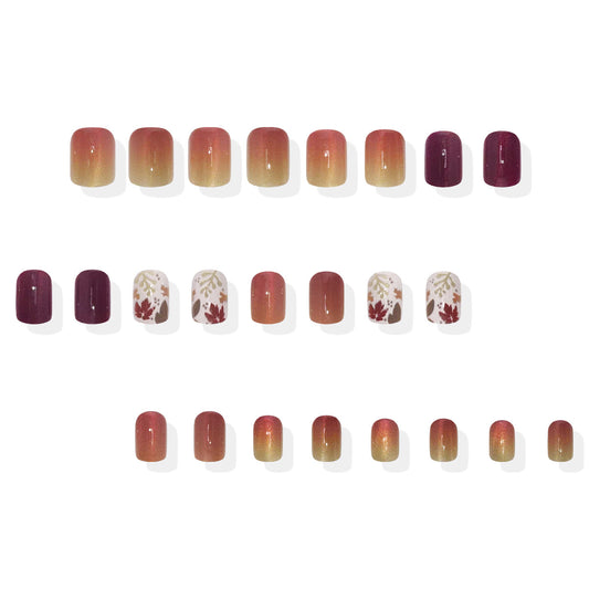 Autumn Bliss Medium Square Gradient Red to Gold Press On Nail Set with Botanical Design