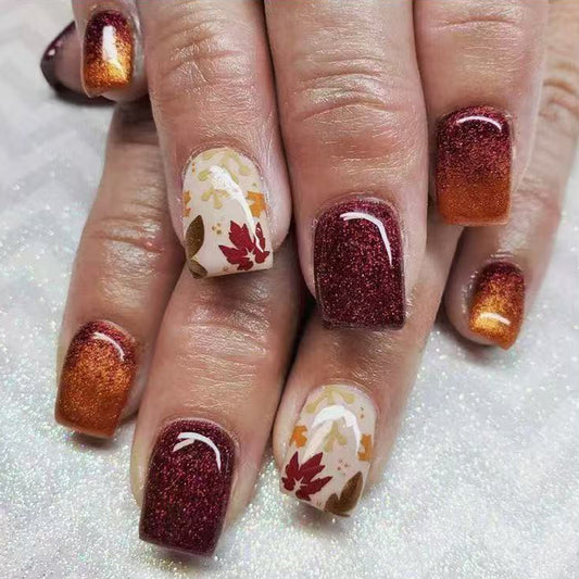 Autumn Elegance Medium Square Press On Nail Set in Burgundy Gradient Tones with Glitter and Leaf Designs