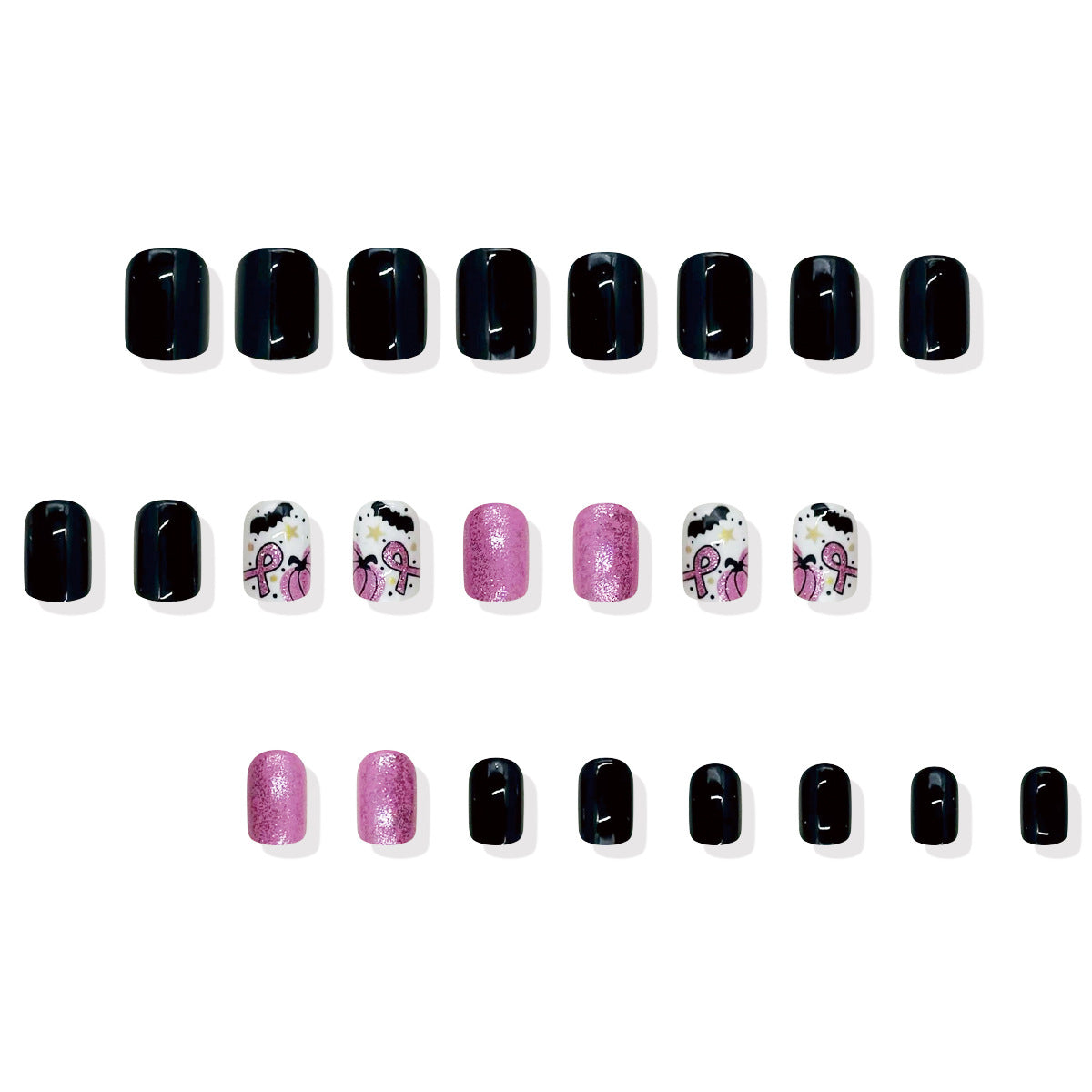 Spooky Glamour Press-On Nail Set with Short Square Shape Black and Pink Glitter Featuring Whimsical Halloween Designs