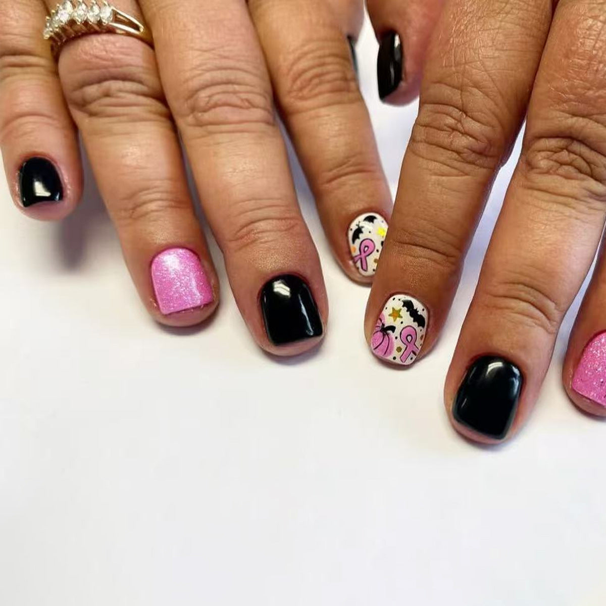 Charming Night Sky Short Square Black and Pink Glitter Press-On Nail Set with Fun Halloween Designs