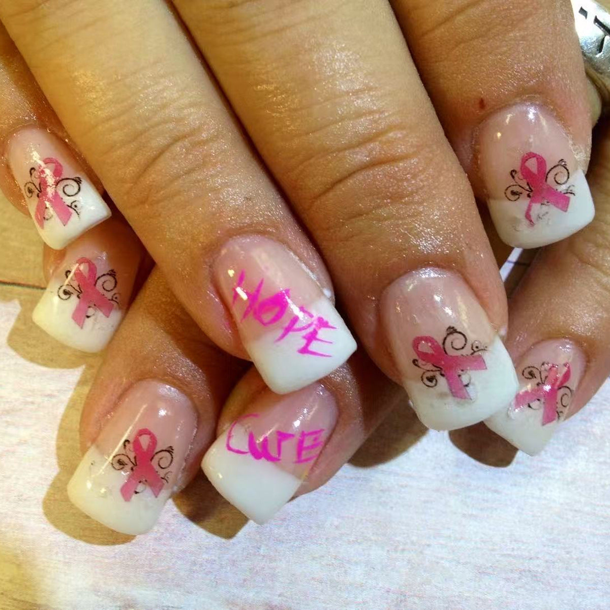 Empower Your Spirit Medium Square White and Pink Acrylic Press On Nail Set with Inspirational Ribbon Designs