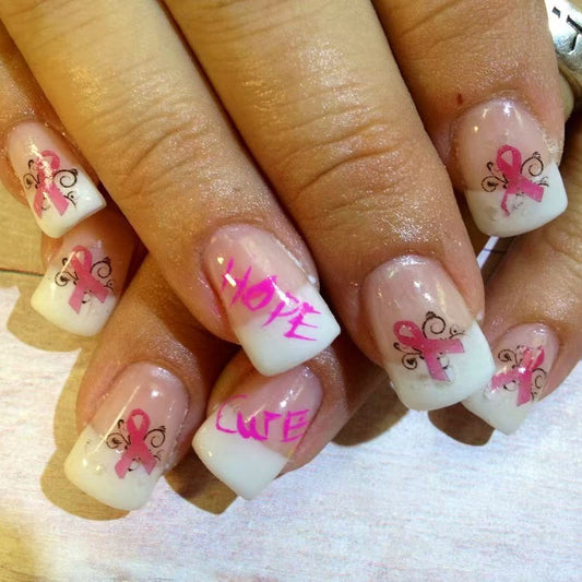 Empower Your Spirit Medium Square White and Pink Acrylic Press On Nail Set with Inspirational Ribbon Designs