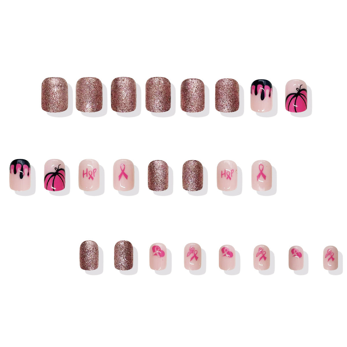 Tropical Blossom Press On Nail Set in Medium Square Rose Gold with Whimsical Palm and Ribbon Designs