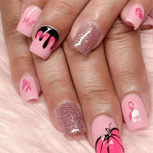 Whimsical Pink Dreamy Medium Square Press-On Nail Set Featuring Glitzy Glitter and Playful Designs