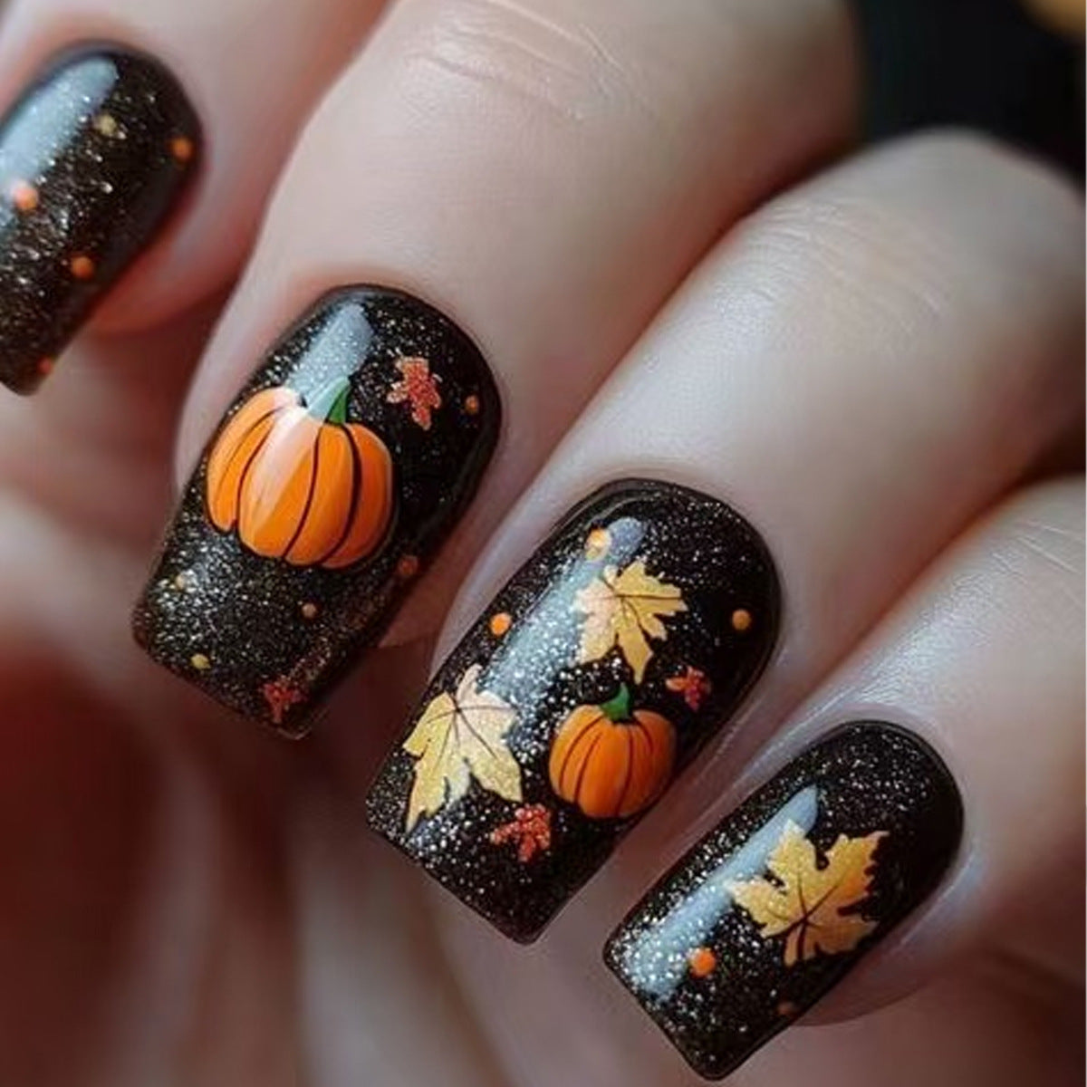 Autumn Harvest Inspired Medium Square Black Press on Nail Set with Pumpkin and Leaf Design