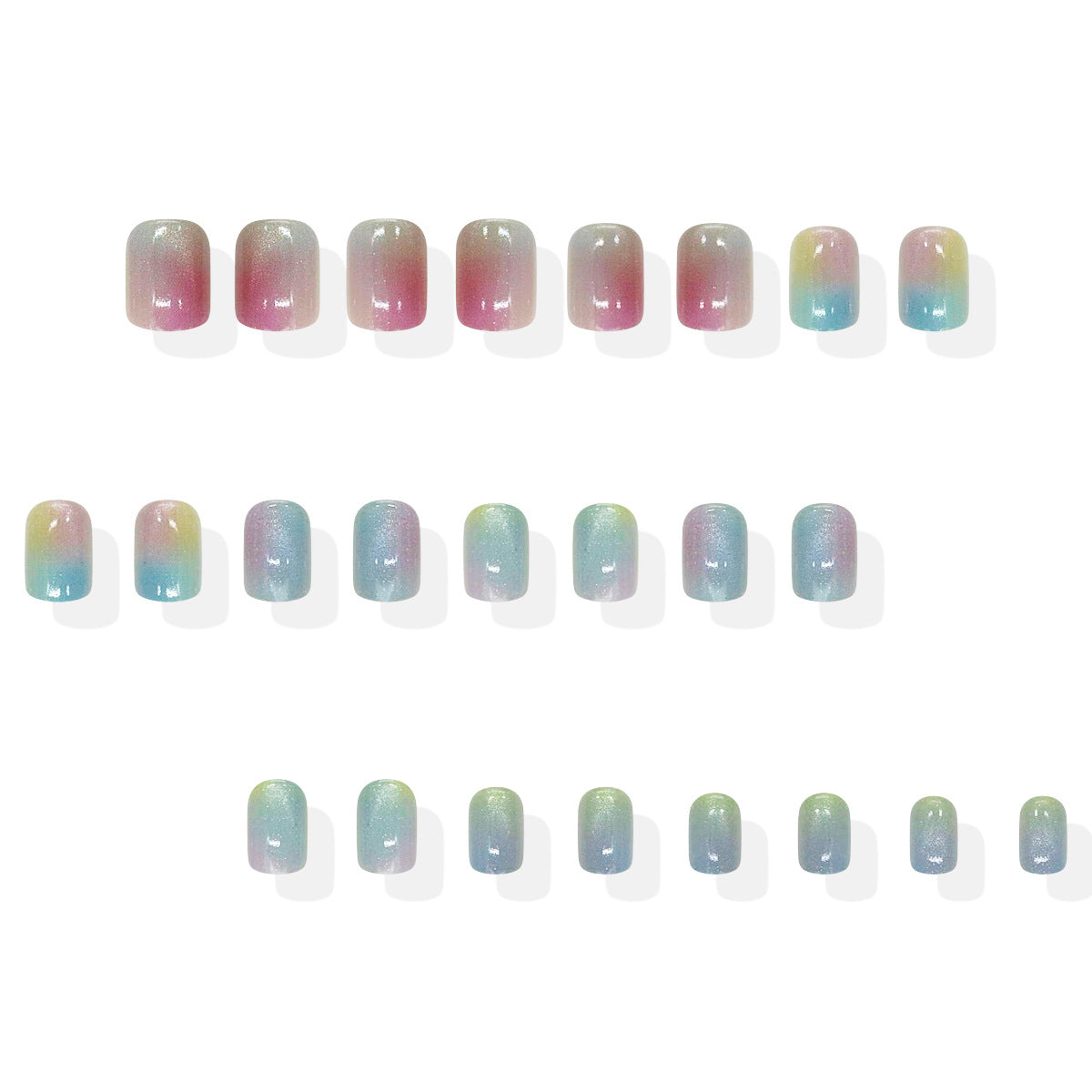 Dreamy Pastel Rainbow Short Square Press On Nails in Gentle Pink and Blue with Iridescent Finish