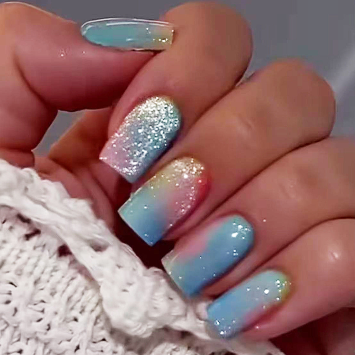 Dreamy Sunset Glitter Short Square Blue Ombre Press On Nail Set
