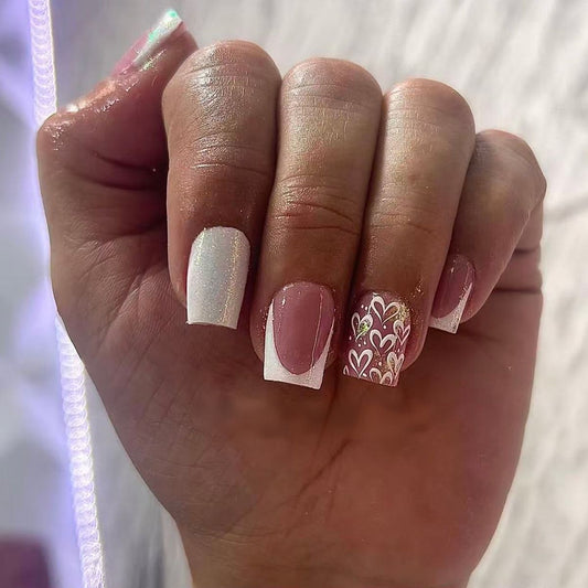 Romantic Elegance Medium Square White and Pink Hearts Design Nail Set