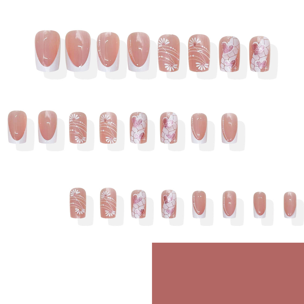 Elegant Romance Medium Square Beige Nails with Floral and Heart Design