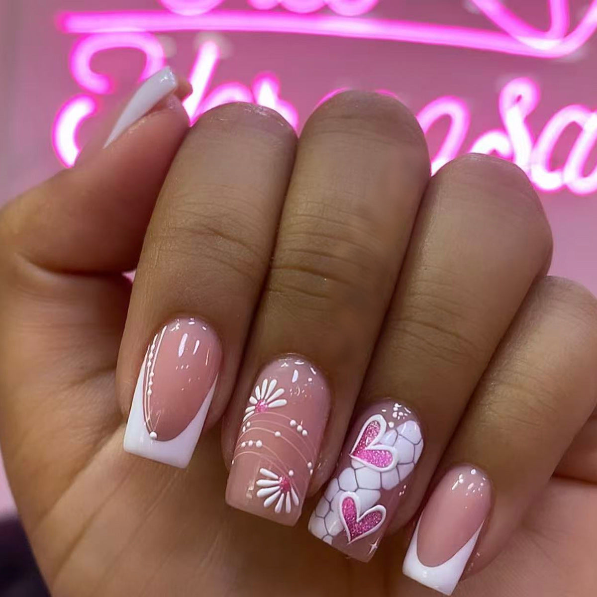 Romantic Elegance Medium Square Blush Pink with Charming Heart and Floral Designs Press-On Nail Set