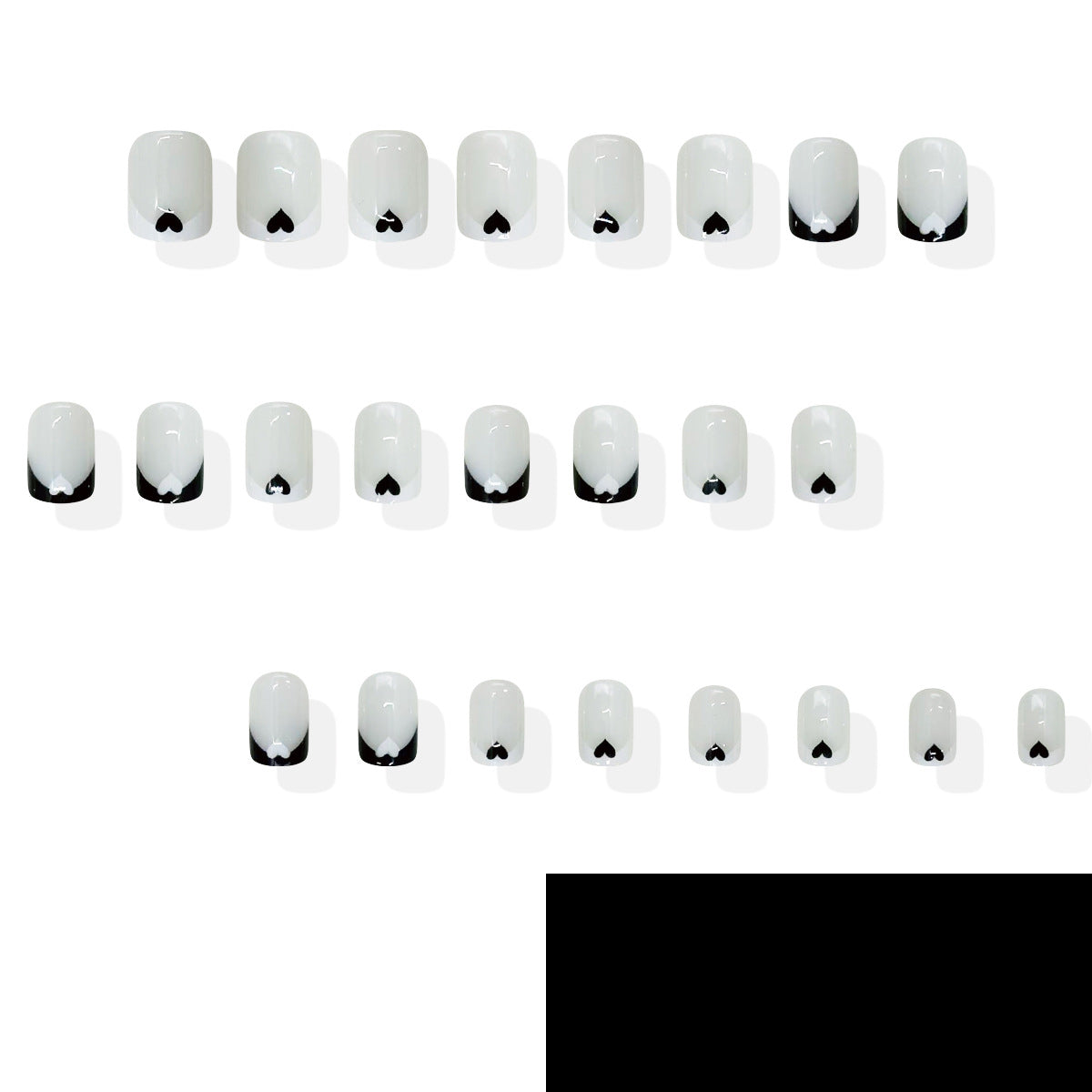 Charming Romance Short Square White with Black Heart Tips Press On Nail Set