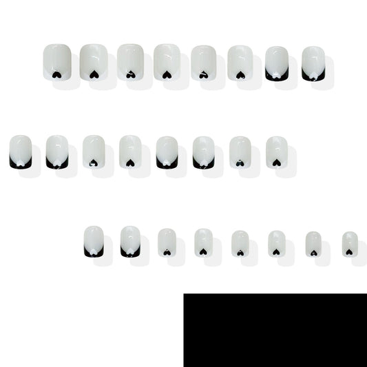 Charming Romance Short Square White with Black Heart Tips Press On Nail Set