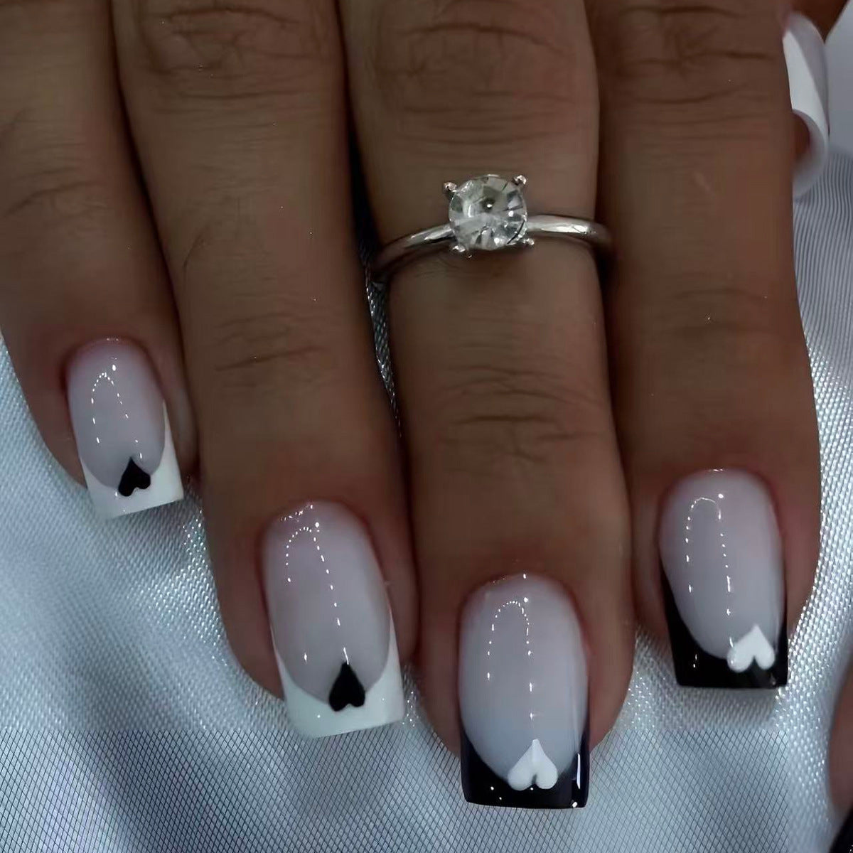 Romantic Elegance Short Square White and Black Ombre Press On Nail Set with Heart Details
